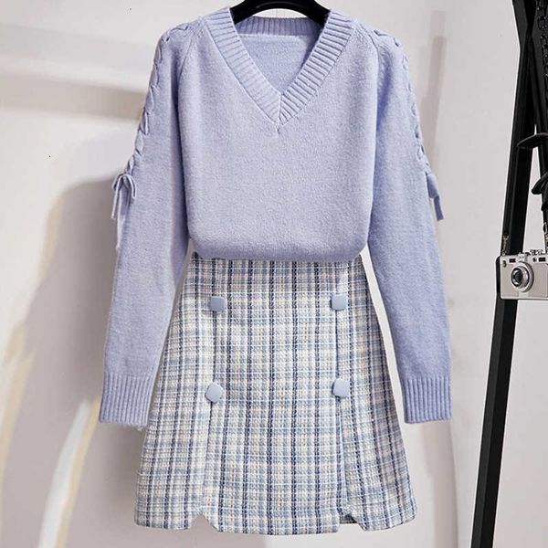 

two piece dress korean style plaid skirt girl student casual sweet 2 outfit women suit femme winter sweater set yoop, White