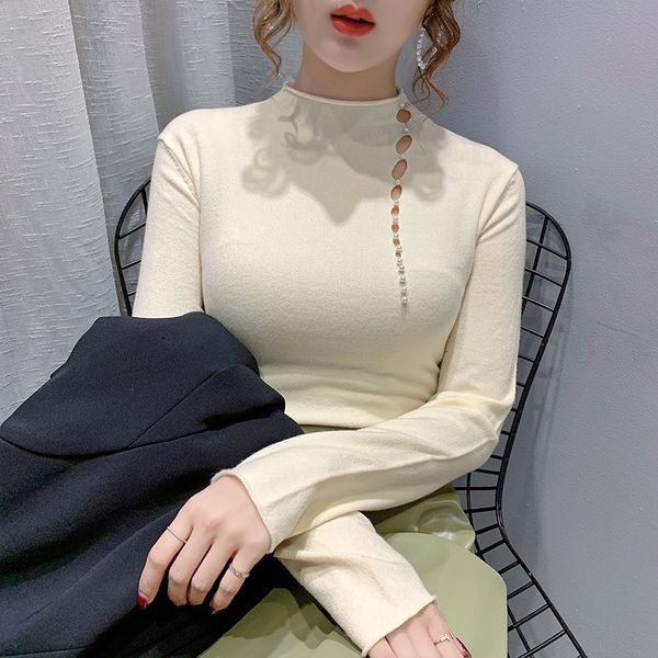 

2021 spring fall european clothes knitted sweater chic mock neck hollow out beads ropa mujer bottoming shirt new t00711a 4clr, White;black