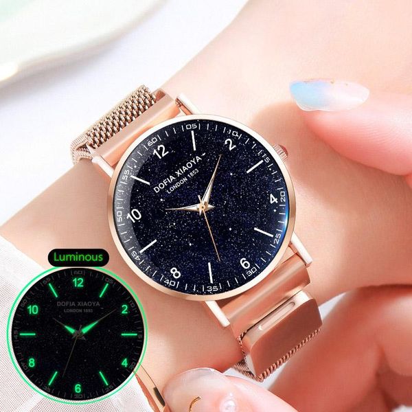 

wristwatches women watch fashion starry sky stainless steel milanese magnet buckle luxury ladies geometric roman numeral quartz, Slivery;brown