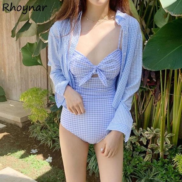 

women's swimwear one piece cover-up women ulzzang trendy plaid sweet vintage basic bow-design girls simple college summer, White;black
