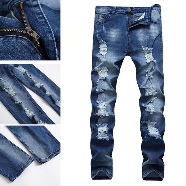 

casual stretch men long pants korean trend brand ripped jeans men slim straight all-match, Blue