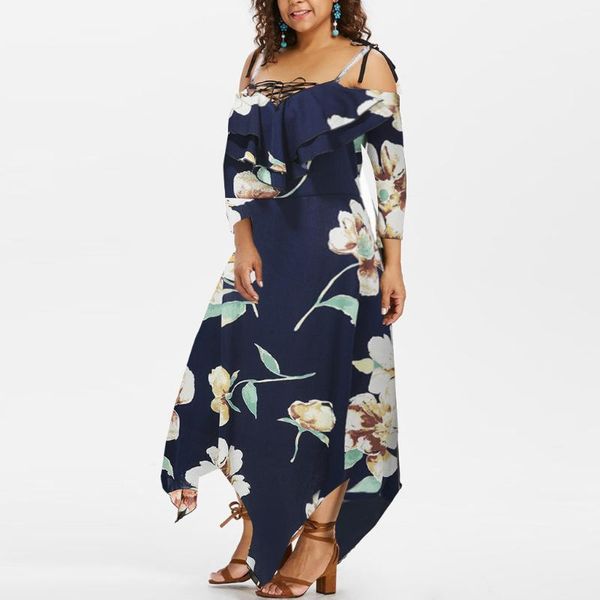 

casual dresses spaghetti strap ruffle long dress women floral print asymmetrical off shoulder maxi vestiti donna estate #g2, Black;gray