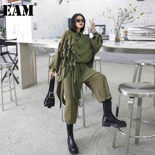 

[eam] wide leg pants ruffles big size two piece suit lapel long sleeve black loose women fashion spring autumn 1z84706 210727, White