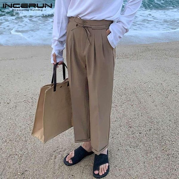 

incerun fashion men casual pants solid color lace up joggers pockets streetwear trousers men cozy korean straight pants s-5xl, Black