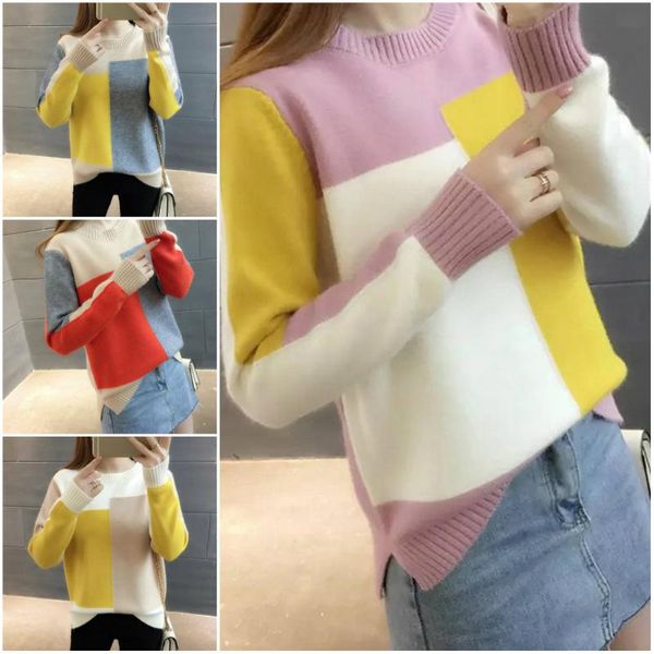 

women's sweaters 1pc women winter sweater jumper color long sleeve female knitted block and pullover contrast, White;black