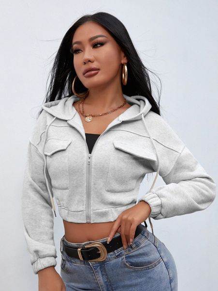 

petite flap pocket drop shoulder drawstring crop hoodie v6rr#, White;black
