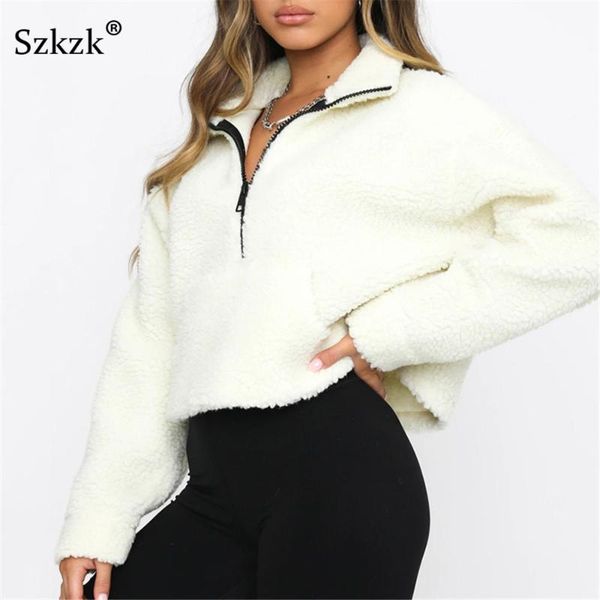 

women's hoodies & sweatshirts szkzk casual loose plush sweatshirt zip up short 2021 autumn winter long sleeve women pullover black whi
