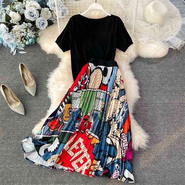 

summer fall women cartoon printted elegant solid tshirt and pleated long skirts two piece set high waist harajuku suits 210602, White