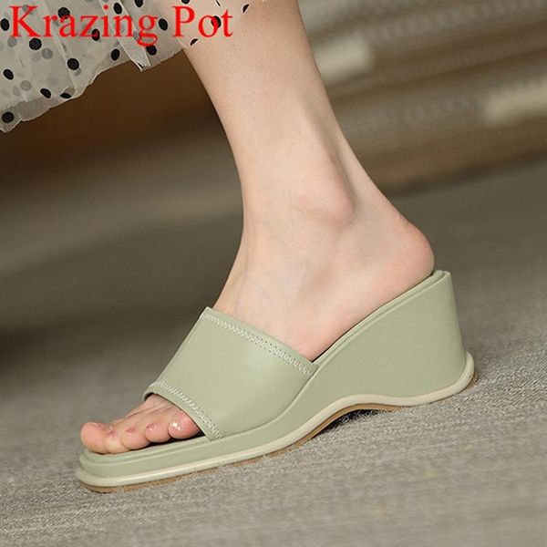 

sandals krazing pot big size 42 cow leather wedge casual summer shoes platform fashion concise mules pleated elegant sweet women, Black