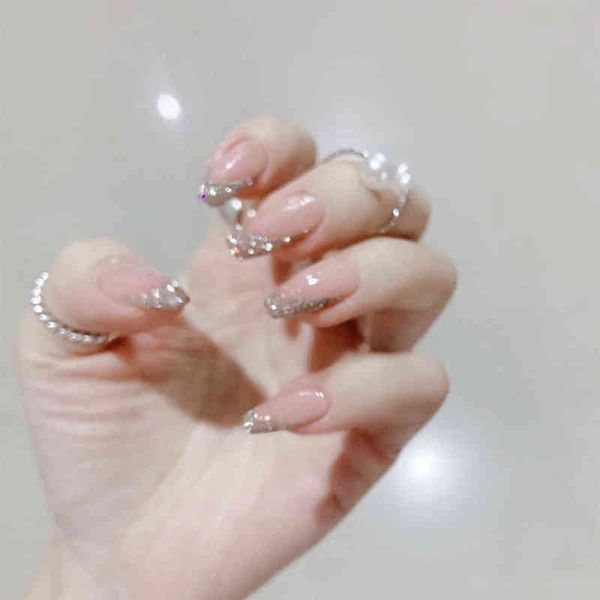

false nails 24pcs fake nails coffin glitter nude pink design artificial ballerina fasle with glue full cover nail tips press on 220225, Red;gold