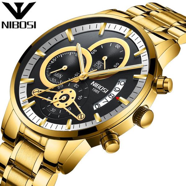 

wristwatches nibosi relogio masculino golden men's watches stainless steel chronograph male quartz watch drop, Slivery;brown