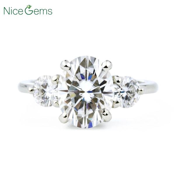 

cluster rings nicegems 14k white gold three stone moissanite engagement ring center 2 7x9mm oval cut with 2x0.25ct round, Golden;silver
