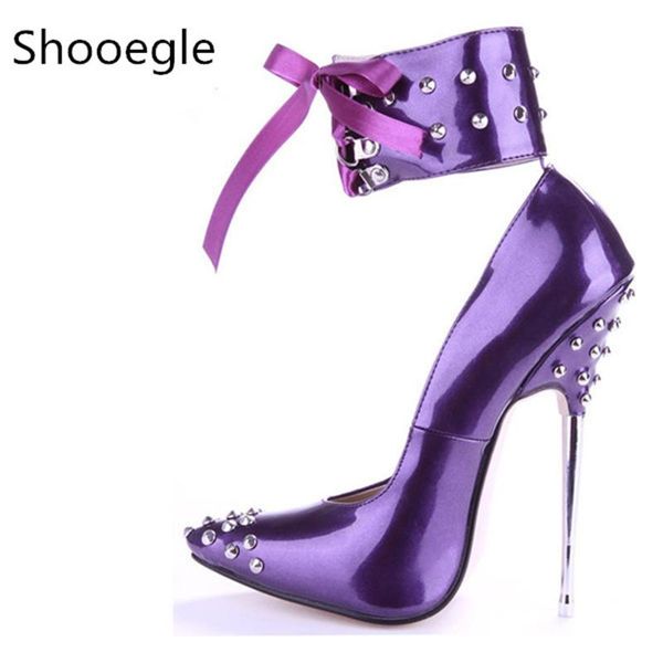 

dress shoes pointed toe rivets stud 16 cm high heel women pumps ankle lace up stiletto night club dance, Black