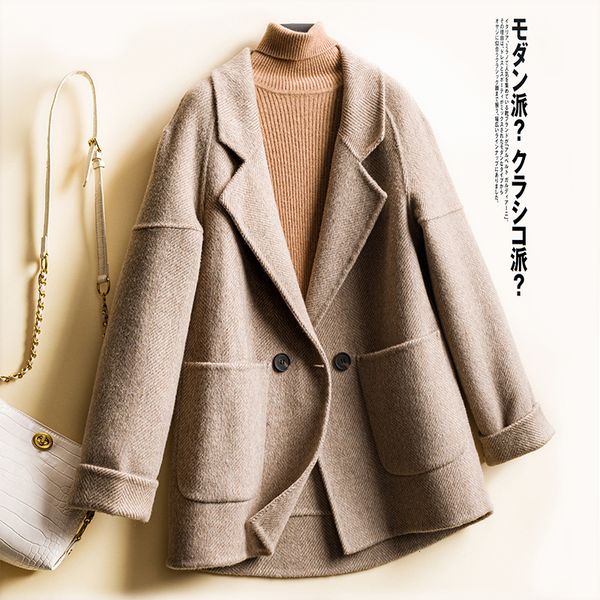 

2021 100% merino wool overcoat women long sleeve ladies the autumn winter new fashion jacket coats thick warm cardigan 38jx, Black