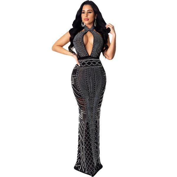 

elegant sparkly rhinestones evening party long dress women hollow out backless halter mesh sheer celebrity bodycon maxi dress, Black;gray