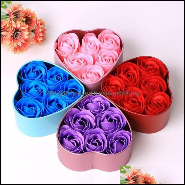 Flores decorativas grinaldas de suprimentos festivos home jardim6pcs perfumados rosa banheira de banho de sab￣o do corpo da flor do presente de casamento Favory With Heart S