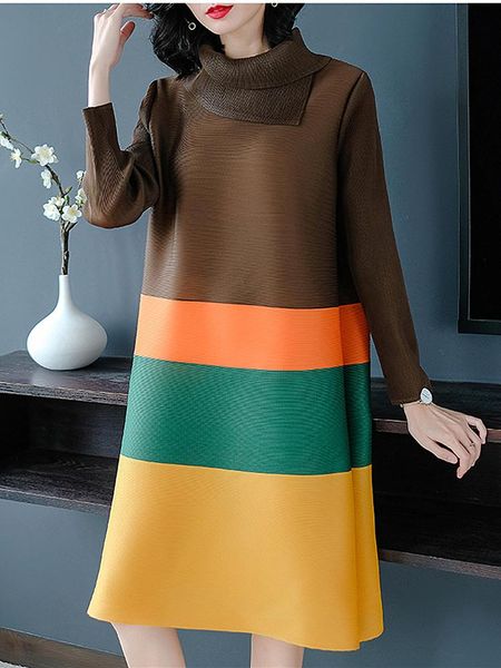 

casual dresses summer large size dress 2021 women temperament color matching high collar long sleeve loose fashion women's, Black;gray