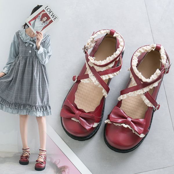 

lolita shoes retro leather shoes women cross-tied mary janes shoes bowtie lace girls flat on platform casual 8596n, Black;white