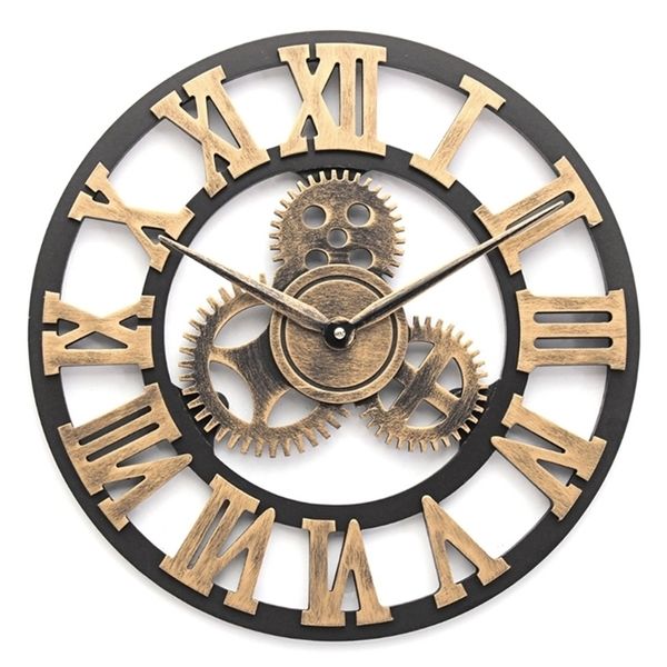 Orologio da parete Europa 3D retrò rustico decorativo di lusso arte Big Gear in legno vintage grandi orologi da parete di grandi dimensioni fatti a mano per il regalo Y200109