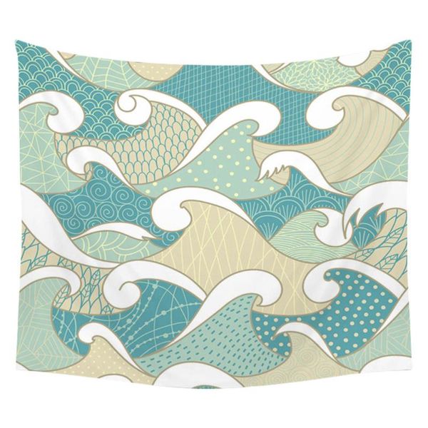 

tapestries 1pc decorative tapestry sea wave printed polyester wall hanging for living room bedroom (green)