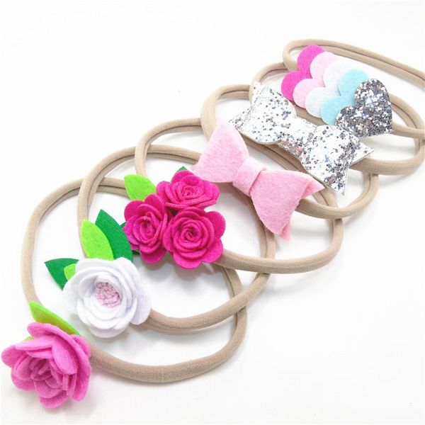 

hair accessories 12pc/lot fashion flower stretch nylon headband white felt floral elastic band silver leather bow pink heart hairbands, Slivery;white