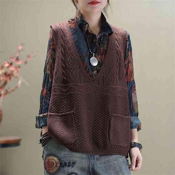 

peonfly vintage sweater vest women solid color v neck chic sleeveless knitted waistcoats loose oversize harajuku pullovers 210915, Black;white