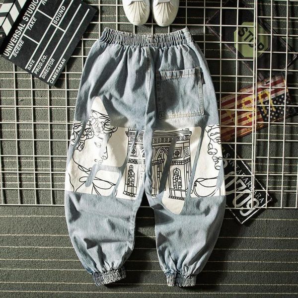 

men's jeans 2021 spring stitching personal harem denim pants fashion retro hip hop loose casual jogger baggy, Blue
