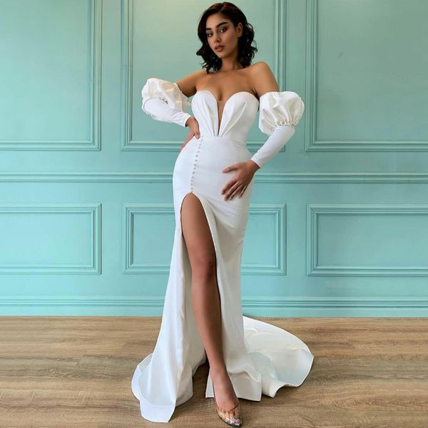 

high side split mermaid evening dresses long sleeves sweep train lace-up back satin formal prom gowns, Black;red