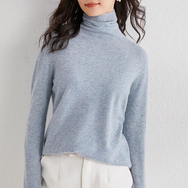 

women's sweaters 2021 autumn/winter cashmere sweater loose thin pullover turtleneck lace heap neck knitted long sleeve 100% pure wool t, White;black
