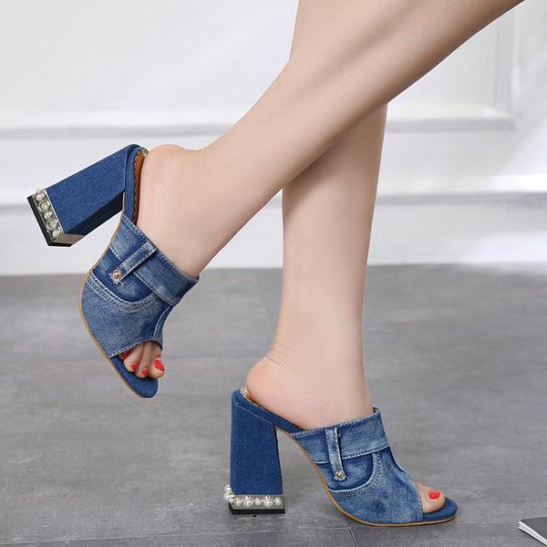 

thick heel denim slippers high heel fish mouth women's sandals size 34-40, Black