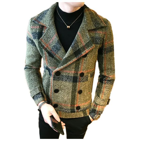 

men's jackets mens double-breasted trench coat veste homme fashion retro tartan 2021 autumn and winter slim short woolen, Black;brown