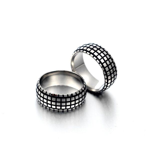 

wedding rings bohemian silver-color grid pattern 8mm wide version charm ring punk men and women finger titanium steel anniversary gift, Slivery;golden