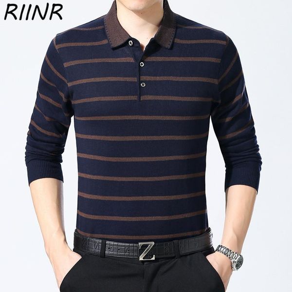 

men's sweaters riinr 2021 autumn youth middle-aged long sleeve turn-down collar three-color striped slim-fit knit sweater thin button t, White;black