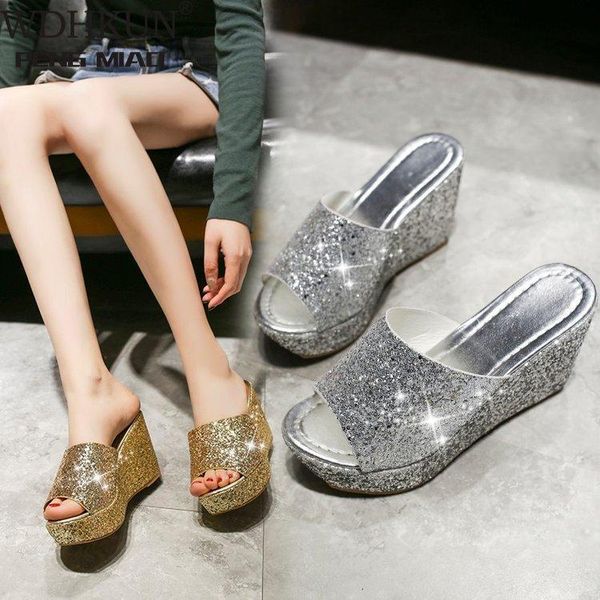 

sandals summer and autumn women's shoes sequins fish mouth joker sponge cake thick bottom landslide prevention with, Black