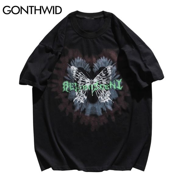 

tees shirt streetwear hip hop butterfly heart tie dye tshirts men fashion summer short sleeve cotton loose t-shirt 210602, White;black