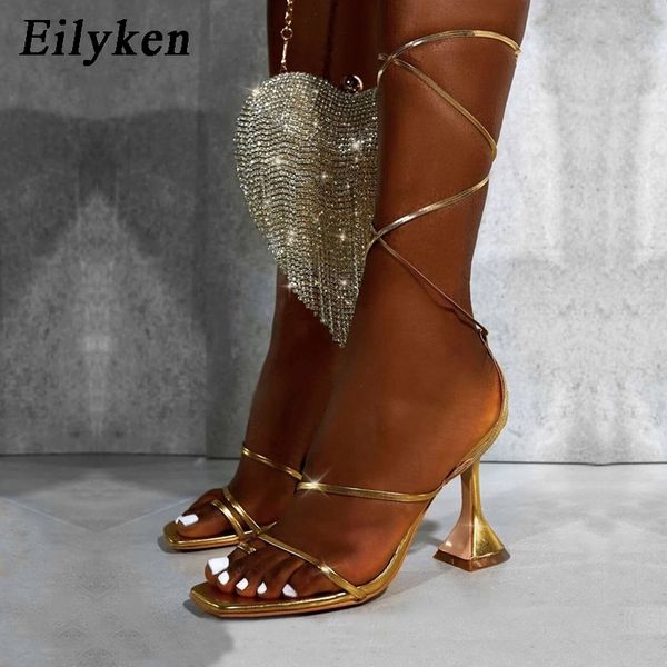 

eilyken lace up sandals women hollow cross-tied shoes fashion cozy leather peep toe ankle strap ladies strange heels pumps 210306, Black