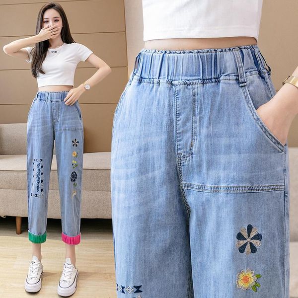 

women's jeans high waist harem tappered women 2021 autumn ethnic style loose contrast color flanging cropped embroidered pants, Blue