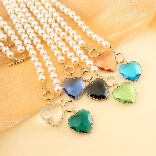 

pendant necklaces romantic attractive white imitation pearl necklace women multi-color glass love heart clavicle chain accessories jewelry, Silver