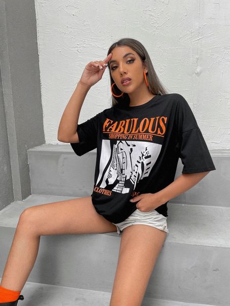 

letter & graphic print boyfriend tee v7cv#, White