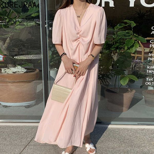

korejpaa women dress summer korean chic french gentle elegant temperament thin v-neck pleated design loose casual vestidos 210526, Black;gray