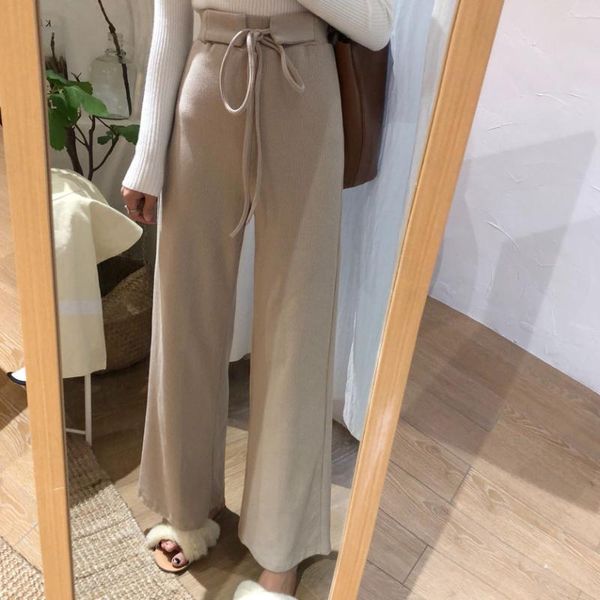 

women's pants & capris korean section fashion women trousers autumn winter knitted wide leg elastic high waist female casual loose pant, Black;white