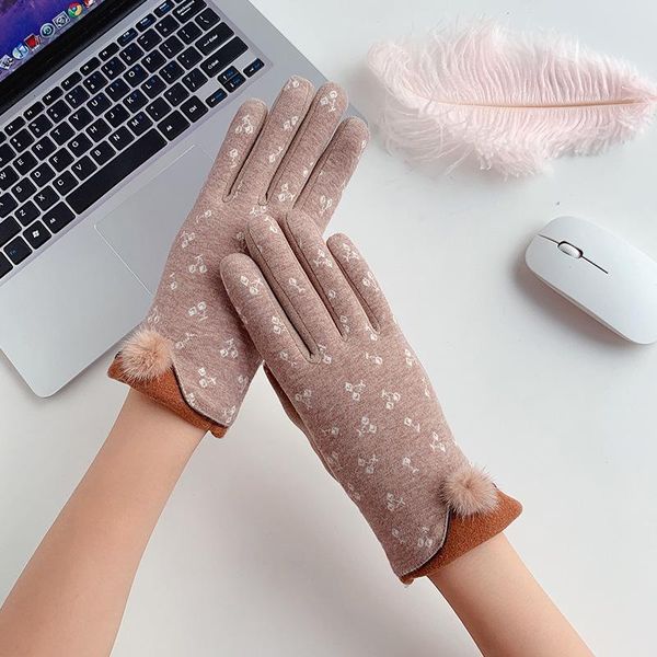 

sports gloves winter plus velvet thick plush hairball touch screen driving women's outdoor full finger warm cycling mittens r87, Black