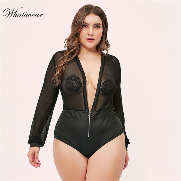 

women's jumpsuits & rompers whatiwear plus size long sleeve lace bodysuit transparent female body teddies 2021 women deep v sheer bodys, Black;white