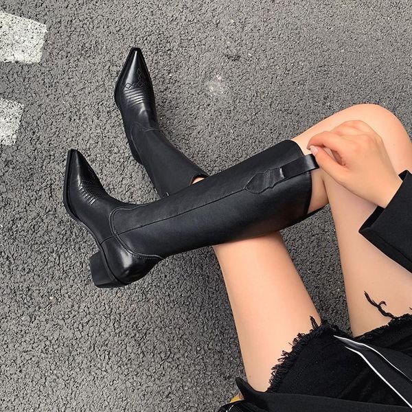 

boots arden furtado 2021 fashion women's shoes leisure slip on ladies pointed head chunky heels knee high, Black