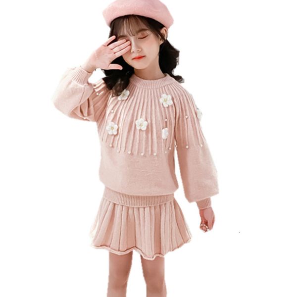 

2021 new winter fashion children knit clothes for girl sweater and skirt two garments suit together with flower 3d pearl z5nf, White