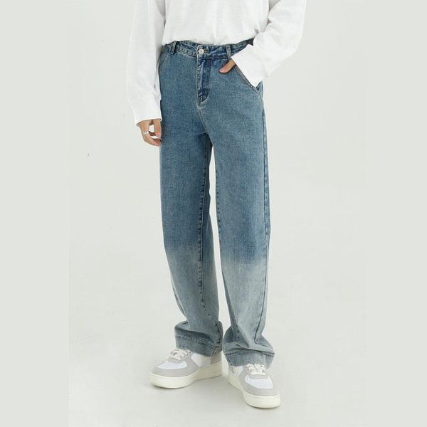

gradient color washed loose casual straight denim pant for male streetwear hip hop vintage fashion jeans long trousers men, Blue