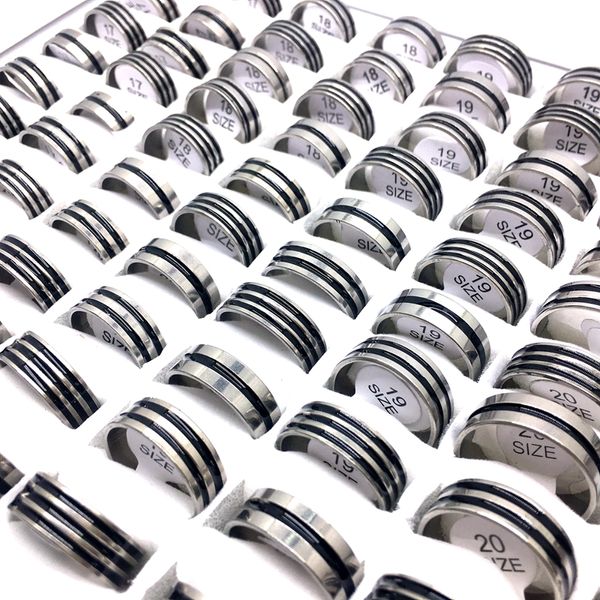 

wholesale 100pcs/lot men's women's band ring black stripe stainless steel rings fashion jewelry party favor gifts mix sizes, Silver