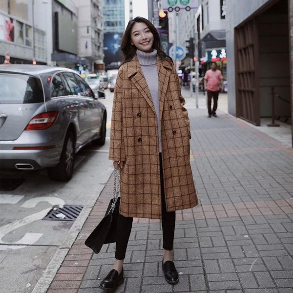 

women's wool & blends england style plaid long coat loose double breasted blend and jacket turn-down collar women coats autumn winter, Black