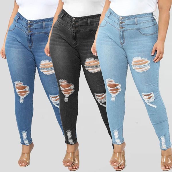 

ladies with holes in elasticity and small feet fashion women jeans denim high waist stretch slender, Blue