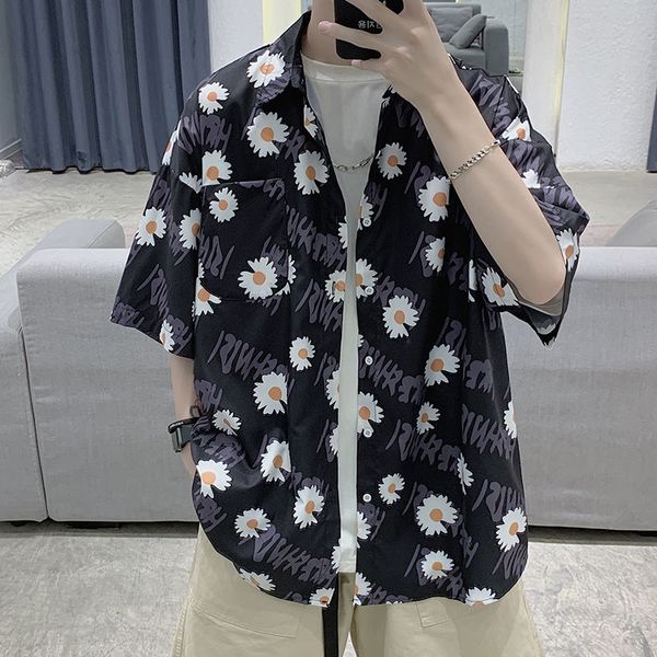 

2021 new men's short-sleeved hawaiian fashion loose printing shirt camisa masculina streetwear clothes french cuff shirts 0p4x, White